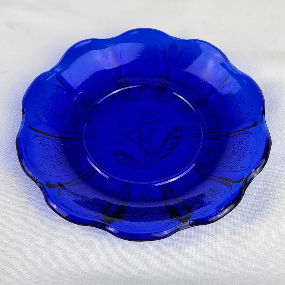 VTG Butter/Cheese Dish Cobalt Blue Glass Cherry Blossom Embossed Scalloped Edge